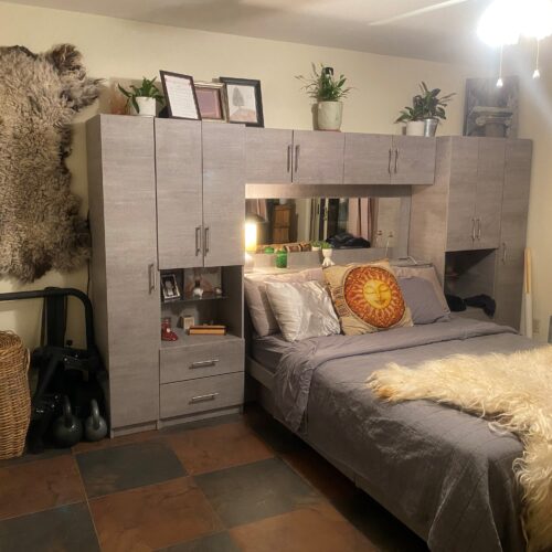 Stone Lincoln Pier Wall Platform Bed w Mirrored Storagemax Headboard