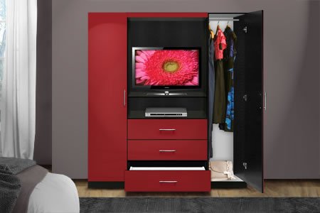 TV armoire boasts drawers and double doors