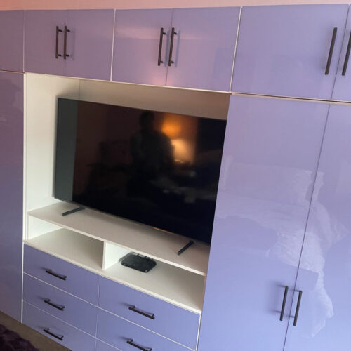 Custom French Lilac Colored Glass TV Armoire in Bronzville, NY