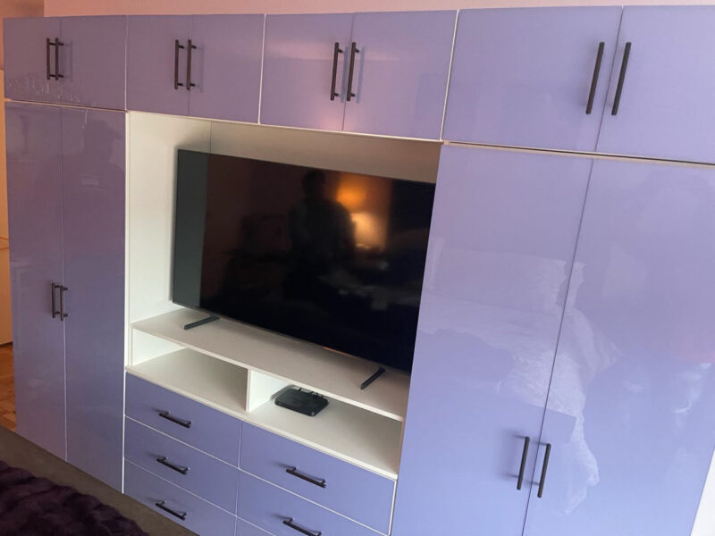 Custom French Lilac Colored Glass TV Armoire in Bronzville, NY