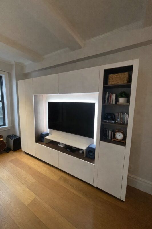 Custom Entertainment Center New York NY | White Matte & Elm Finish