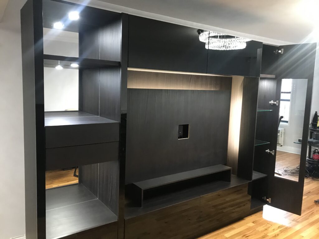Black Glass & Black Zebrano Custom Entertainment Center | Forest Hills, NY
