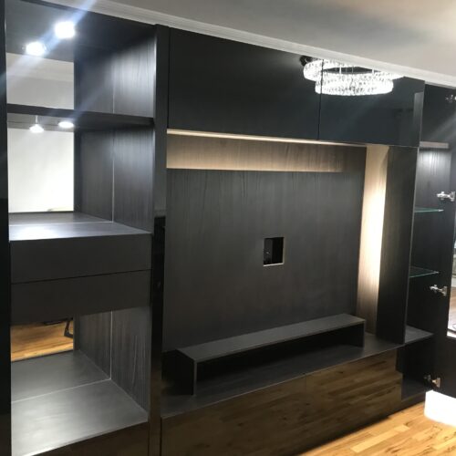 Black Glass & Black Zebrano Custom Entertainment Center | Forest Hills, NY