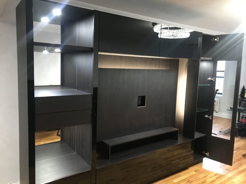 Black Glass & Black Zebrano Custom Entertainment Center | Forest Hills, NY