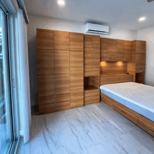 Honey Maple Custom Bed Frame & Pier Wall Headboard | Delray Florida