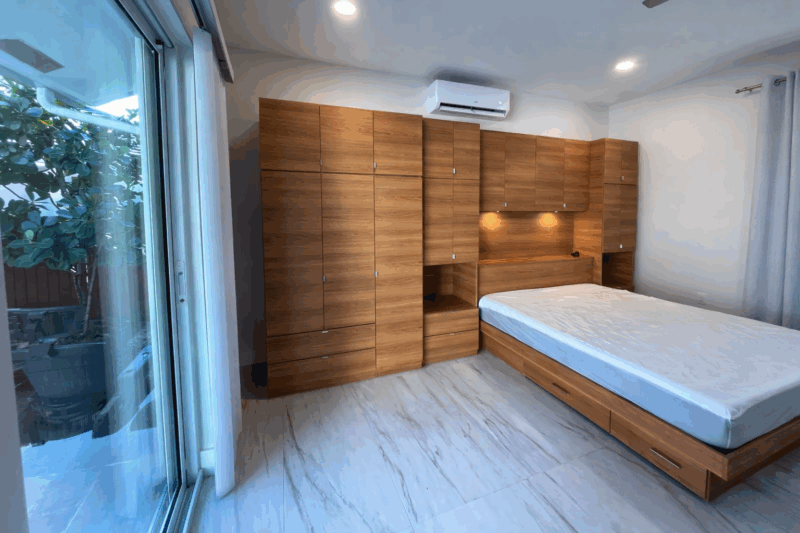 Honey Maple Custom Bed Frame & Pier Wall Headboard | Delray Florida