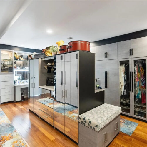 Custom Walk-In Closet System with Stone Matte, Mirrored & Glass Finishes | Sarasota, Florida