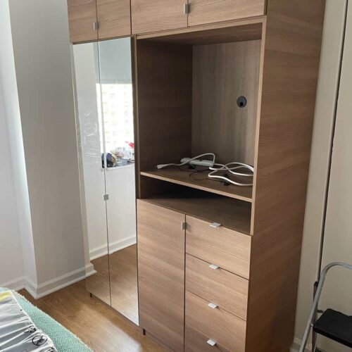 Custom Wardrobe Closet & Modern Bedroom Set — Light Walnut & Colonial Red Glass — New York, NY