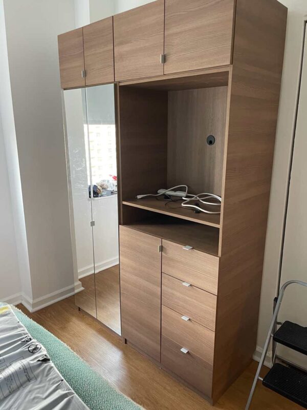 Custom Wardrobe Closet & Modern Bedroom Set — Light Walnut & Colonial Red Glass — New York, NY