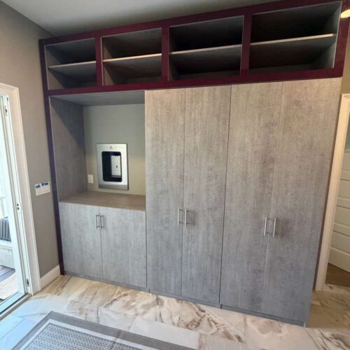 Custom Stone Matte Wardrobe System with Aubergine Glass Accents | Avon, NJ