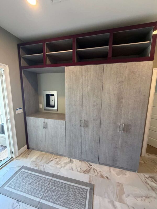 Custom Stone Matte Wardrobe System with Aubergine Glass Accents | Avon, NJ