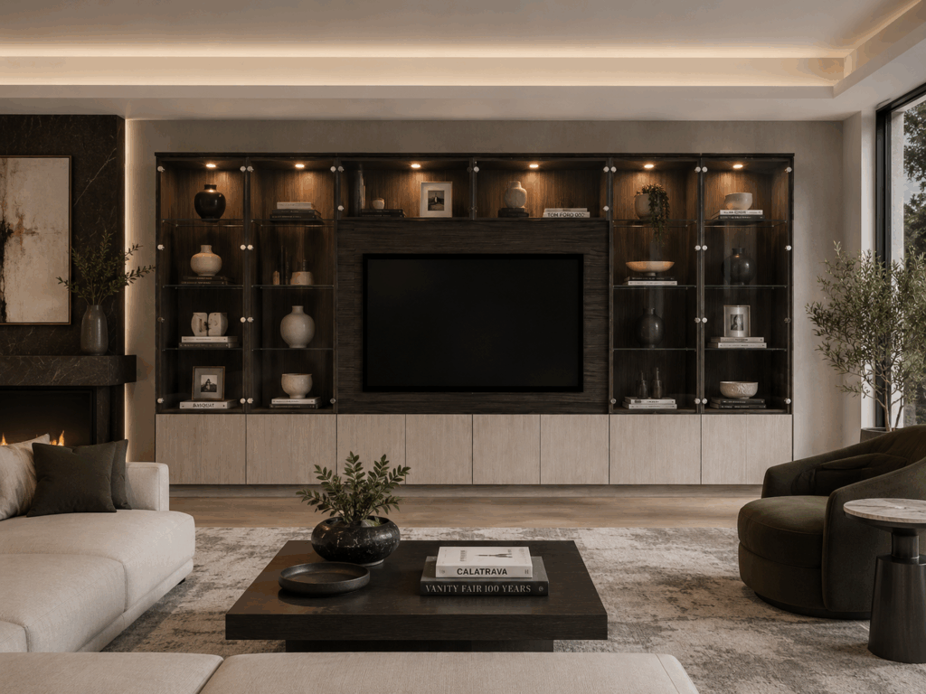 Glass Door Entertainment Center with Illuminated Display Cabinets