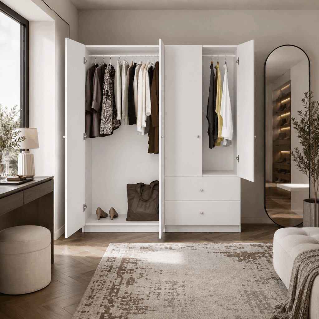 Four Door Wardrobe and Armoire with Exterior Drawers