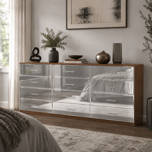 Mirrored Triple Dresser with Walnut Case