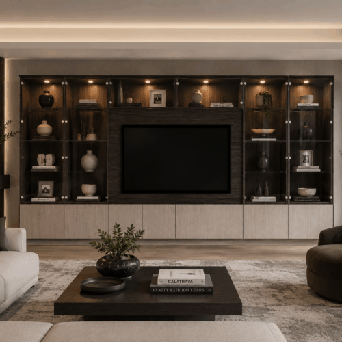 Glass Door Entertainment Center with Illuminated Display Cabinets