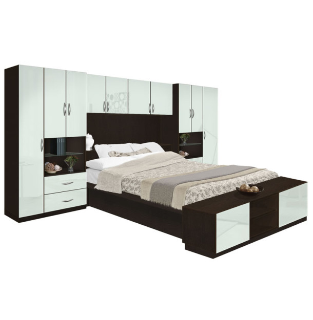 Lincoln Pier Wall Platform Bed w Matte Headboard & Storage Footboard