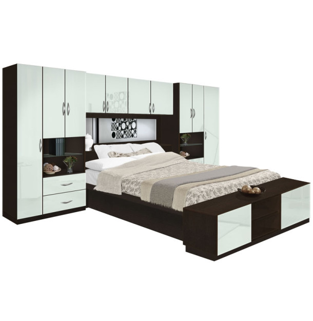 Lincoln Pier Wall Platform Bed w Mirrored Headboard & Storage Footboard