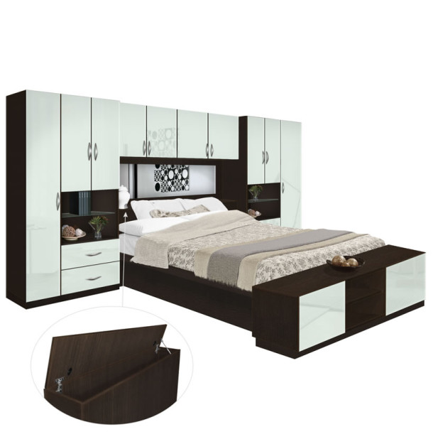 Lincoln Pier Wall Platform Bed w Mirrored Storagemax Headboard & Storage Footboard
