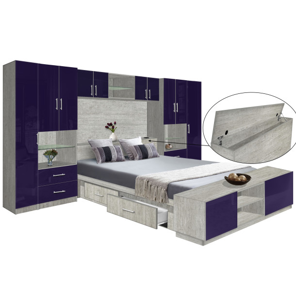 Lincoln Classic Pier Wall 4 Drawer Platform Bed w Matte Storagemax Headboard, Storage Footboard & Overhead Storage