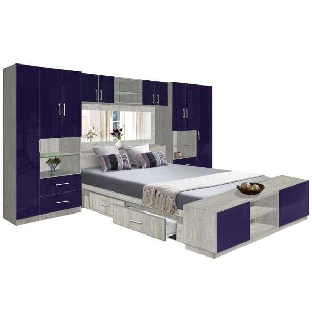 Lincoln Classic Pier Wall 4 Drawer Platform Bed w Mirrored Headboard, Storage Footboard & Overhead Storage