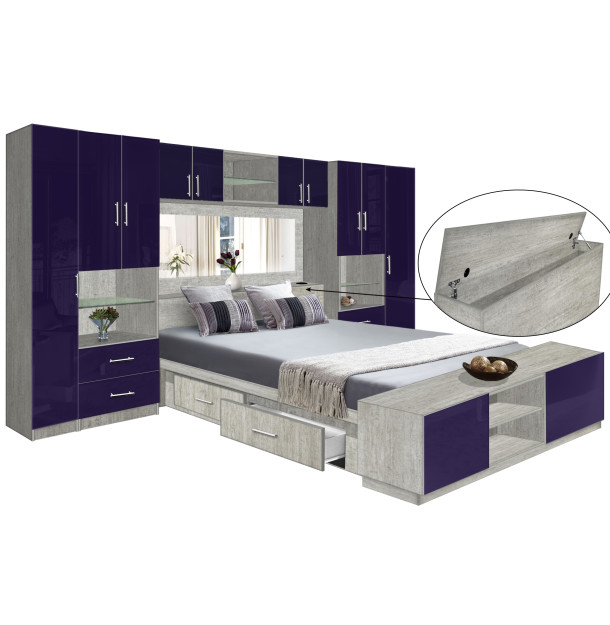 Lincoln Classic Pier Wall 4 Drawer Platform Bed w Mirrored Storagemax Headboard, Storage Footboard & Overhead Storage