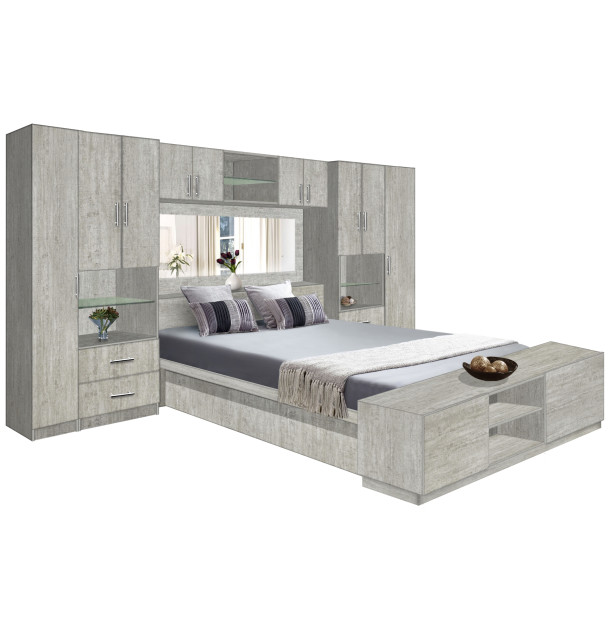 Lincoln Classic Pier Wall Platform Bed w Mirrored Headboard, Storage Footboard & Overhead Storage