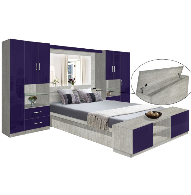 Lincoln Classic Pier Wall Platform Bed w Mirrored Storagemax Headboard & Storage Footboard