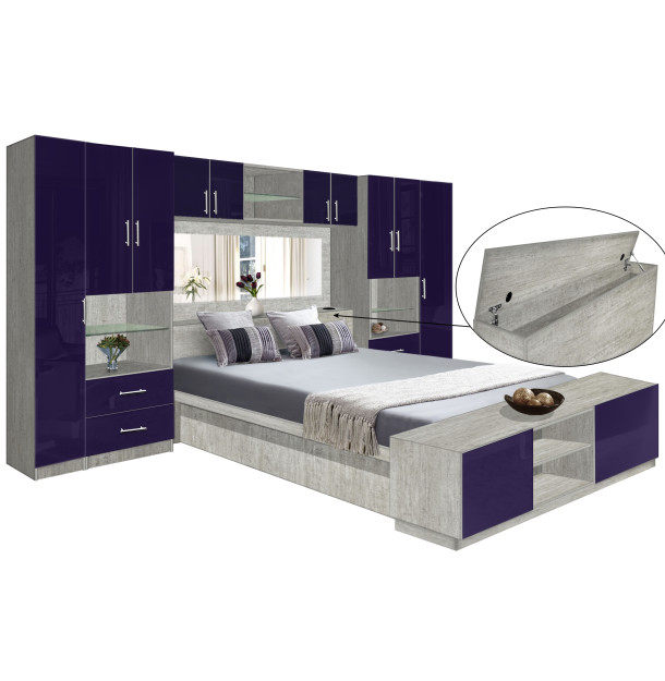 Lincoln Classic Pier Wall Platform Bed w Mirrored Storagemax Headboard, Storage Footboard & Overhead Storage