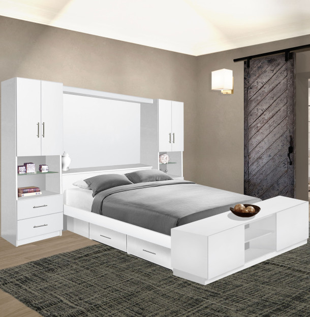 Studio Classic Pier Wall 4 Drawer Platform Bed w Matte Headboard & Storage Footboard
