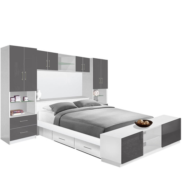 Studio Pier Wall 4 Drawer Platform Bed w Matte Headboard, Storage Footboard & Storage Bridge