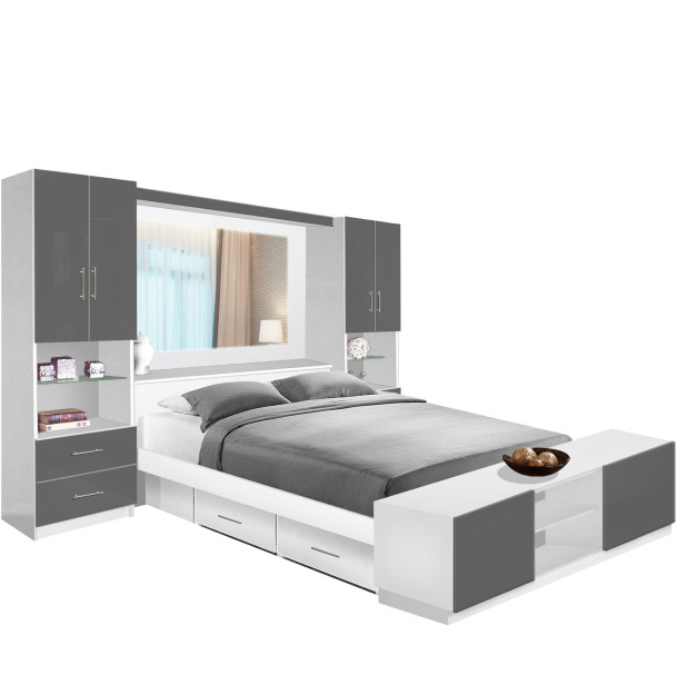 Studio Classic Pier Wall 4 Drawer Platform Bed w Mirrored Headboard & Storage Footboard