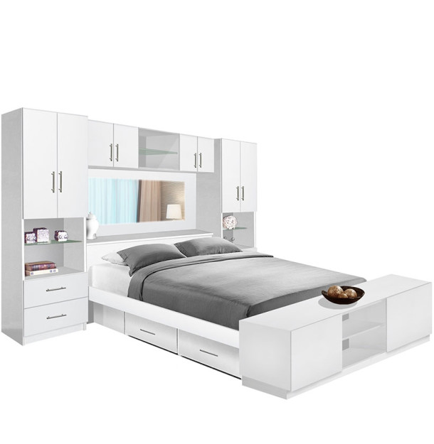 Studio Pier Wall 4 Drawer Platform Bed w Mirrored Headboard, Storage Footboard & Storage Bridge