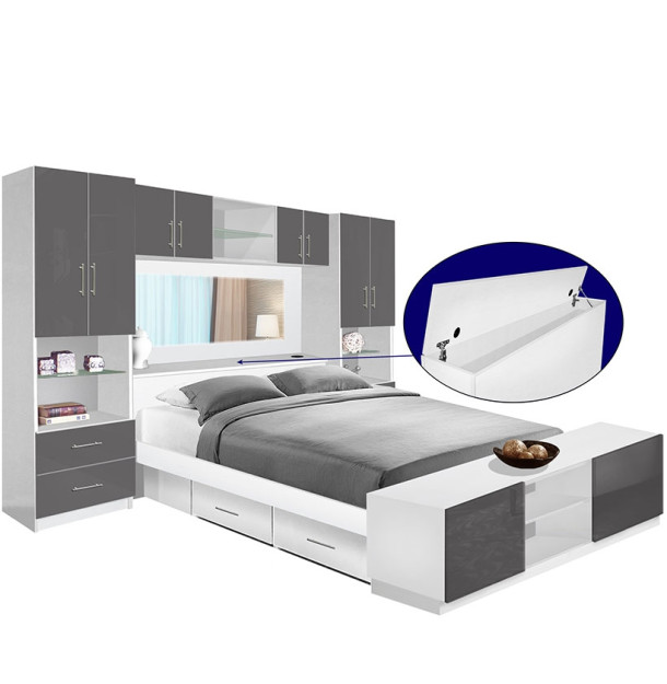 Studio Pier Wall 4 Drawer Platform Bed w Mirrored Storagemax Headboard, Storage Footboard & Storage Bridge