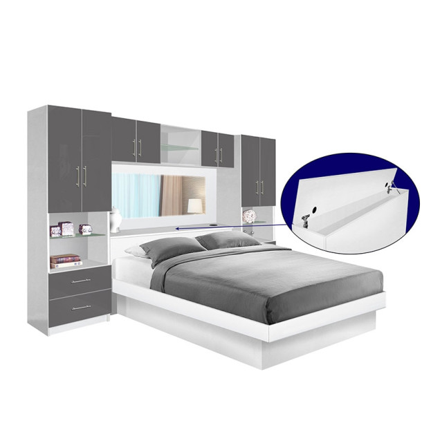 Studio Pier Wall Platform Bed w Mirrored Storagemax Headboard & Storage Bridge