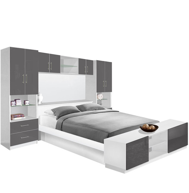 Studio Pier Wall Platform Bed w Matte Headboard, Storage Footboard & Storage Bridge