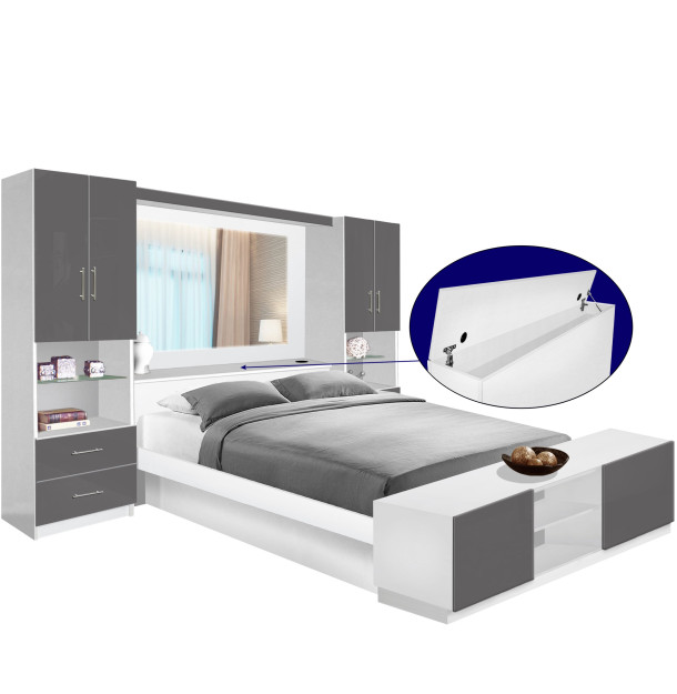Studio Classic Pier Wall Platform Bed w Mirrored Storagemax Headboard & Storage Footboard