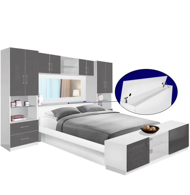 Studio Pier Wall Platform Bed w Mirrored Storagemax Headboard, Storage Footboard & Storage Bridge