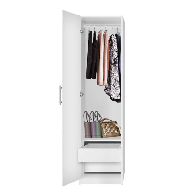 Alta Narrow Wardrobe Closet with Left Door, 2 Interior Drawers