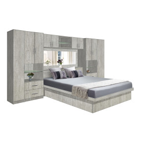 Lincoln Classic Pier Wall Platform Bed w Mirrored Headboard & Overhead Storage