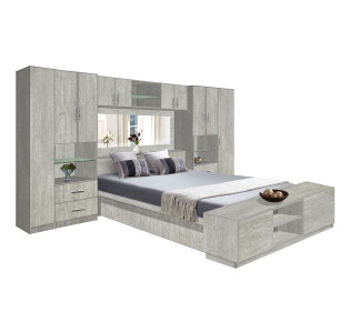 Lincoln Classic Pier Wall Platform Bed w Mirrored Headboard, Storage Footboard & Overhead Storage