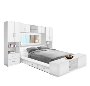 Studio Pier Wall 4 Drawer Platform Bed w Mirrored Headboard, Storage Footboard & Storage Bridge