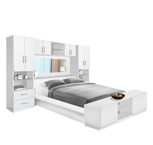 Studio Pier Wall Platform Bed w Mirrored Headboard, Storage Footboard & Storage Bridge