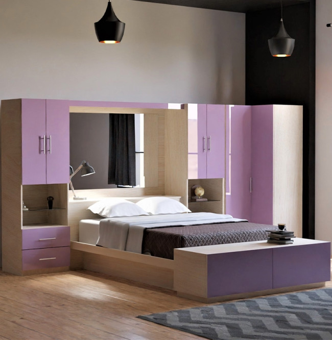 Queen Size | Right Facing | French Lilac Colored Glass Front | White Wash Matte Case | Platform w/ Footboard