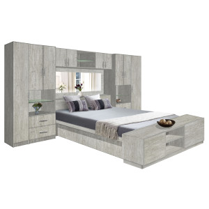 Lincoln Classic Pier Wall Platform Bed w Mirrored Headboard, Storage Footboard & Overhead Storage