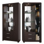Large glass with mirrored back and wood shelves offer ample storage and display space